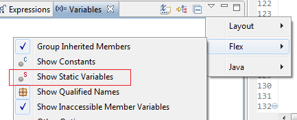 Show static variables in Flash Builder